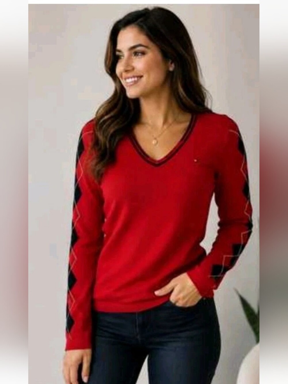 Vintage Tommy Hilfiger Women Red Black White Argyle 100% Cotton V Sweater M Y2k